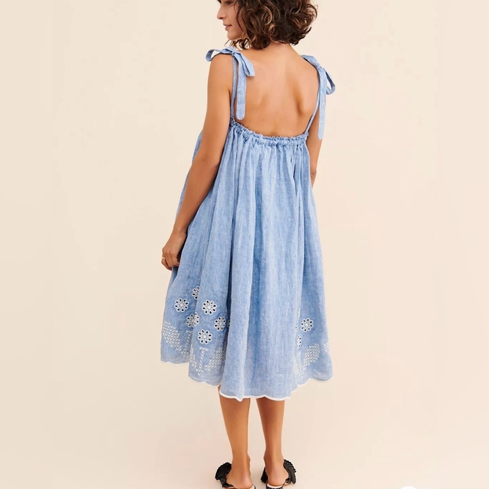 Light Blue Embroidered Tie-Strap Midi Dress - Picture 2 of 11